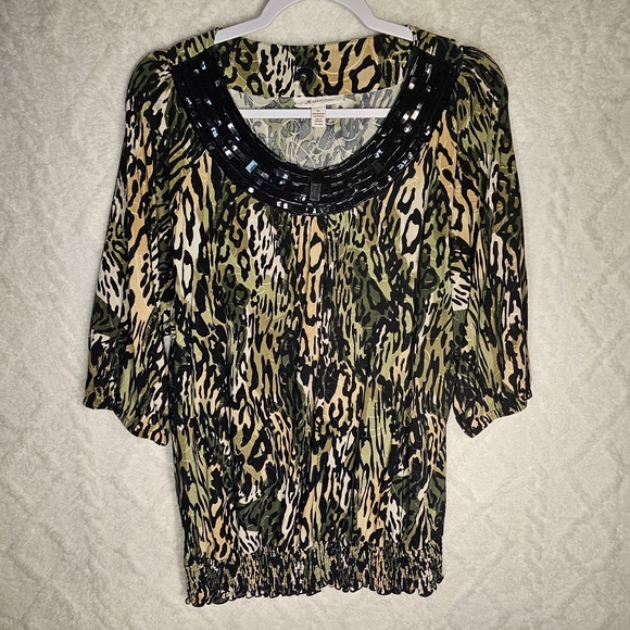 JM Collection Tops - JM Collection *Blouse *Womens XL *Animal Print *Sequin Beaded Neck * ¾ Sleeve